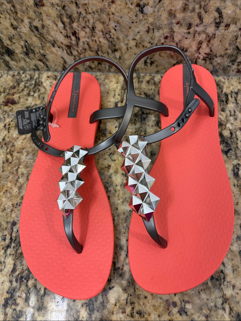 Ipanema Women’s Coral-Red Sandals with Silver Pyramid Studs size 7 , NWT